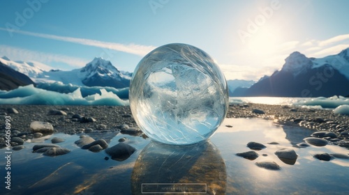 A soap bubble hovering over a melting glacier, emphasizing climate change impacts