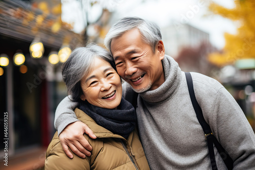 portrait of old asian couple outside wearing coats, ai generated