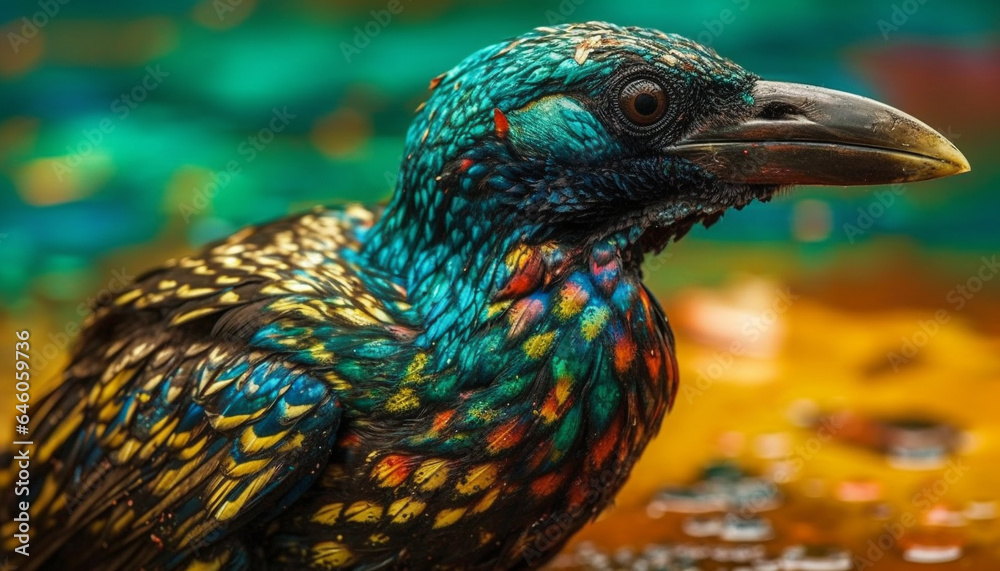 Obraz premium Majestic rooster with multi colored feathers looking at camera in nature generated by AI