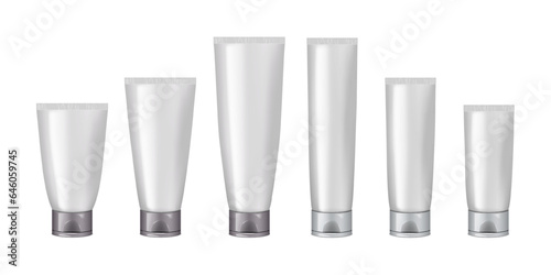 Squeeze tube packaging. Vector mock-up set. White blank plastic collapsible tube with screw flip top cap realistic mockup. Various volumes and sizes. Template for design