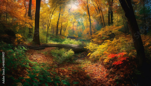Autumn mystery in vibrant wilderness, tranquil beauty in falling leaves generated by AI