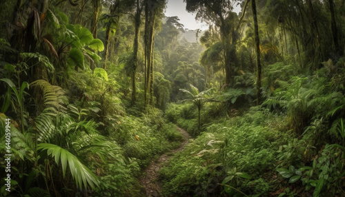 Tranquil scene of wet ferns and growth in non urban wilderness generated by AI © Stockgiu