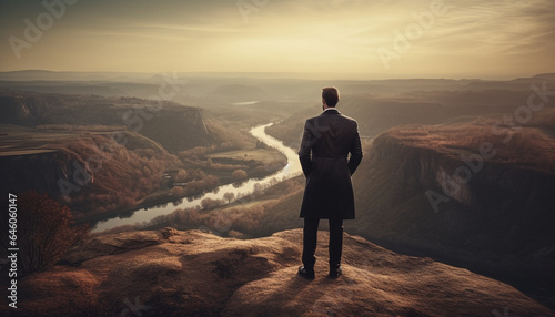 Young businessman conquering adversity, standing at the edge of mountain cliff generated by AI