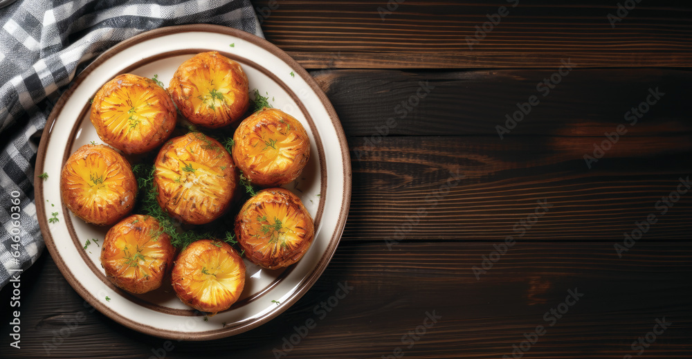 Homemade roasted potatoes with salt, pepper, dill and herb decoration, top view copy space Homemade roasted potatoes with salt, pepper, dill and herb decoration, top view copy space