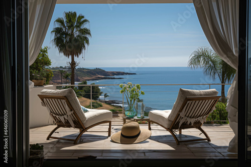 table and chairs on the balcony of a hotel room, with the view of the sea © Manas