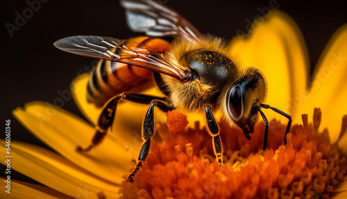 Busy honey bee collecting pollen from a yellow flower petal generated by AI © Stockgiu