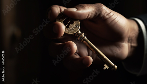Unlocking success with an antique skeleton key held by businessman generated by AI photo