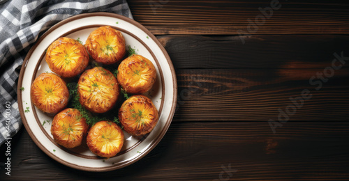 Homemade roasted potatoes with salt, pepper, dill and herb decoration, top view copy space