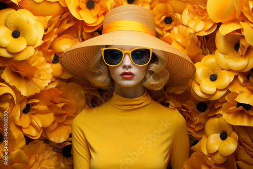 A woman wearing yellow blouse, sunglasses and a hat, with the background of yellow flowers