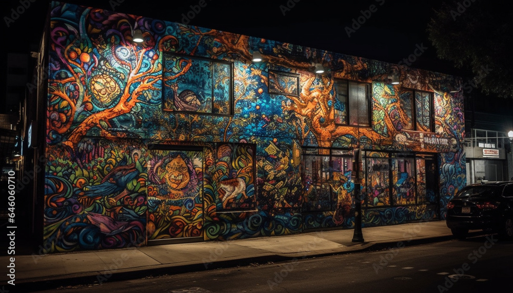 Vibrant city life illuminated by multi colored street lights and graffiti generated by AI