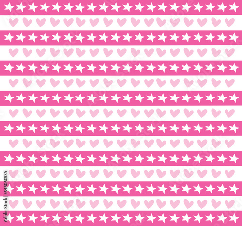 Seamless pattern design with pink and white cute hearts and stars. Can be used for baby clothes, bedding, wallpaper, wrapping paper, nursery decor.