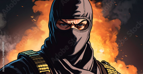 Man ninja with a black mask on his face covering his face.