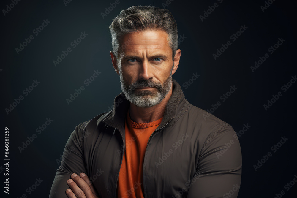 Man with arms crossed, looking serious against a solid color background - Authority and Assurance - AI Generated Man with arms crossed, looking serious against a solid color background - Authority and Assurance - AI Generated
