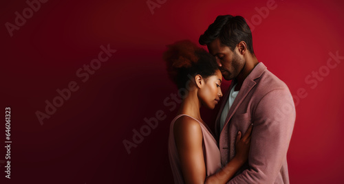 Couple in a loving embrace against a solid color background - Relationship and Unity - AI Generated