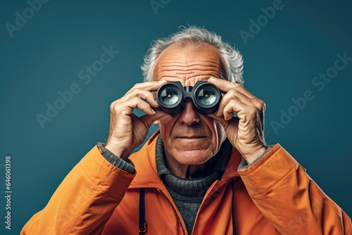 Old Man Looking Through Binoculars Agains a Solid Color Background - AI Generated photo