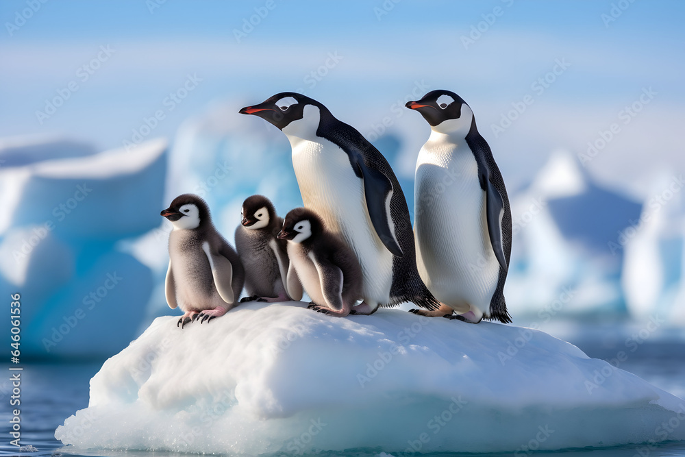 Obraz premium Penguins on melting ice, A family of penguins on a melting iceberg, highlighting the impact of climate change