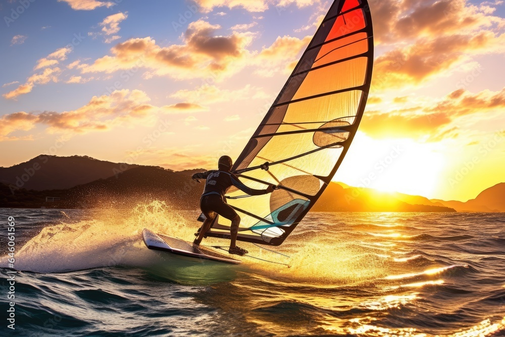 Naklejka premium Exhilarating experience of windsurfing from a first-person perspective.