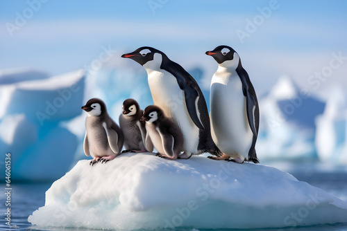 Penguins on melting ice, A family of penguins on a melting iceberg, highlighting the impact of climate change