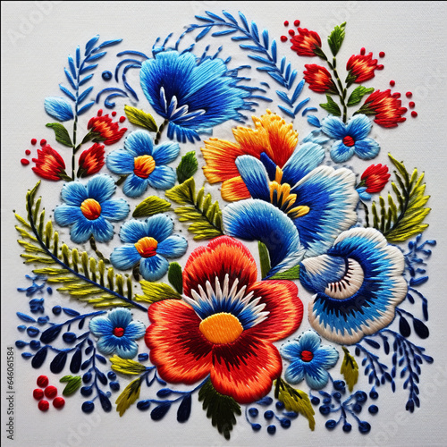 Traditional embroidered colorful floral ornament on white fabric. Folk clothes decoration with flowers  embroidery scheme
