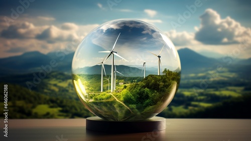 Capture a mesmerizing photograph of a glass globe with a holographic projection of wind turbines in a picturesque landscape, illustrating the aesthetics of wind energy © Khalida