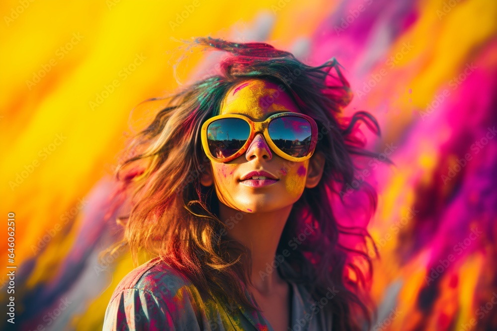 Portrait photography of a happy woman wearing sunglasses and on a colorful background