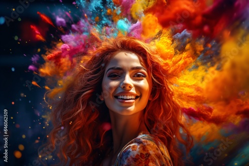 Portrait of a beautiful girl with color splashes in the background © Tarun
