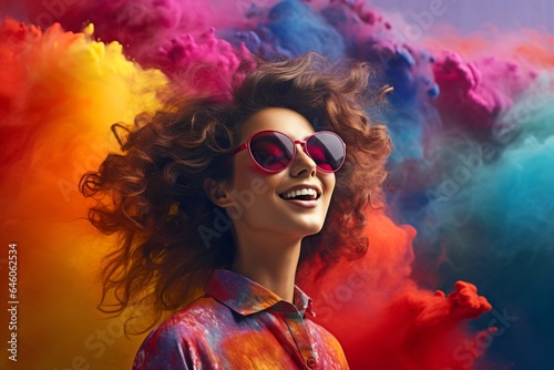 Portrait photography of a happy woman wearing sunglasses and on a colorful background