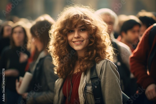 Outdoor portrait of a beautiful girl, with curly hairs with a city street backdrop