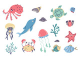 Sea ocean underwater life cute animals characters isolated set. Vector graphic design illustration