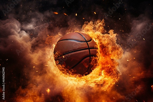 Burning basketball surrounded by smoke and fireworks. Generative AI