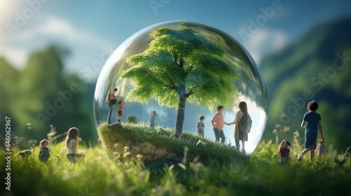 Capture a photograph of a glass globe surrounded by children planting trees, emphasizing the role of green energy in securing a sustainable future
