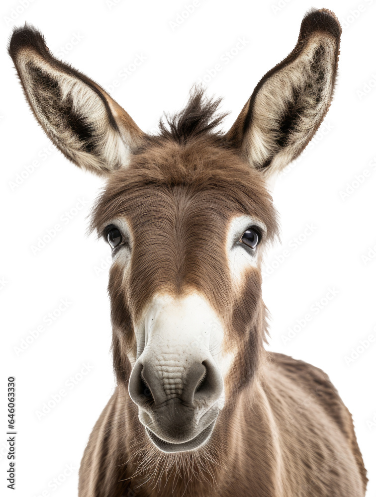 portrait of a donkey isolated on a white background as transparent PNG