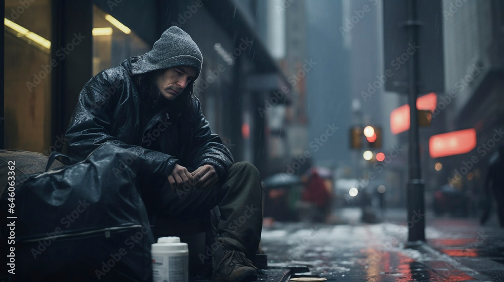 photorealistic, Homeless person on city streets . lonely homeless male person in a big city.