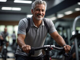 Mature, middle aged man cycling in a gym, leading healthy lifestyle. Aged people sport concept. 