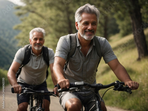 Two men - friends or couple cycling in a park, in nature leading healthy lifestyle. Aged people sport concept.