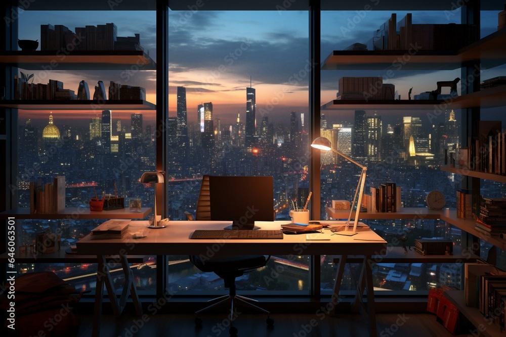 well-lit workspace featuring desktop, bookshelf, and expansive cityscape. Generative AI