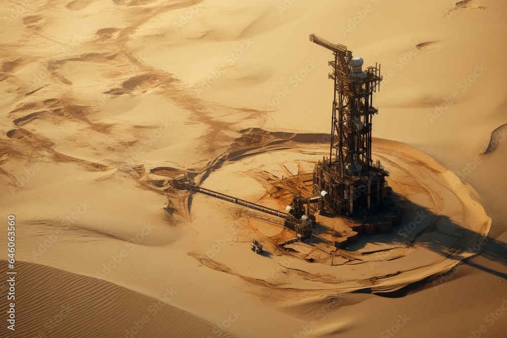 Top view of an oil pump amidst sand dunes. Generative AI