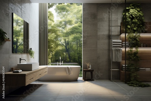 Modern bathroom with concrete and living wall. Minimalist brutalist design. Generative AI