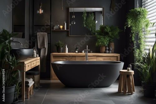 Scandinavian bathroom with spacious black bathtub, lush plants, wooden furniture, dark grey accents, towels, and large mirror. Generative AI