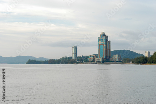 A view of Kinabalu Tower  also known as Sabah State Administrative Center  from an embankment of Kota Kinabalu  Sabah  Malaysia