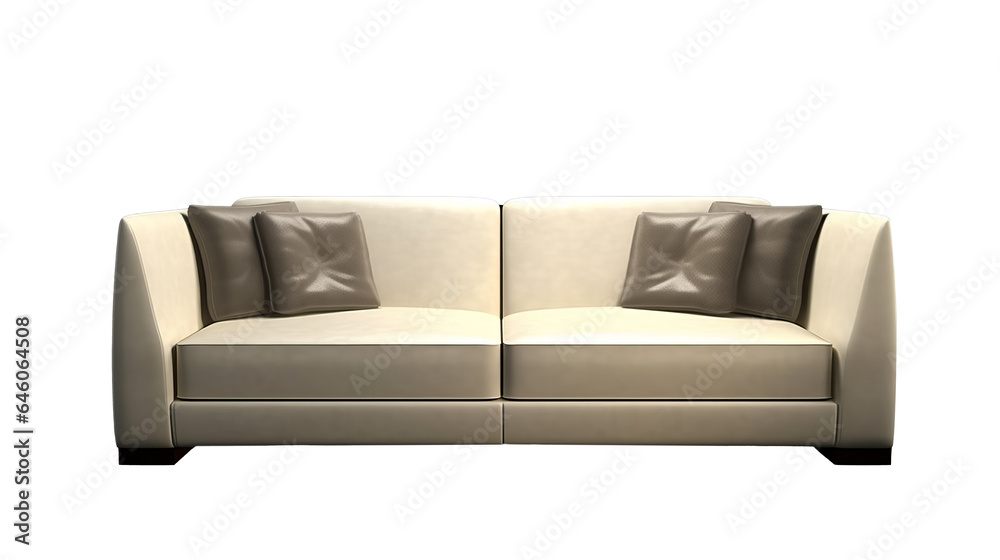 Fototapeta premium Beige modern large sofa isolated on transparent background, front view.