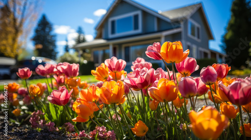 Impressive modern two-story house with vast windows, set amidst a vibrant garden of tulips. 'For Sale' sign on lawn under a clear blue sky.