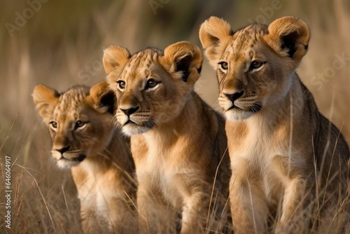 A majestic trio - lion, lioness, and lion cub. Generative AI