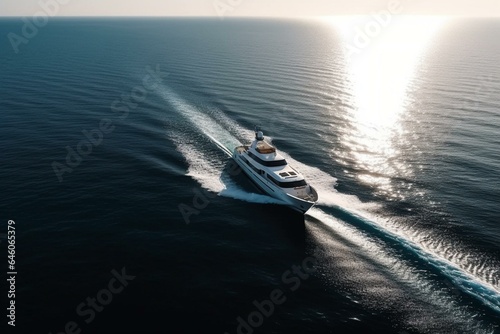 Fast movement of a white mega yacht on dark ocean water in top view. Big yacht in the sea with drone view. White super boat leaves a trail on water from aerial view. Generative AI © Maelle