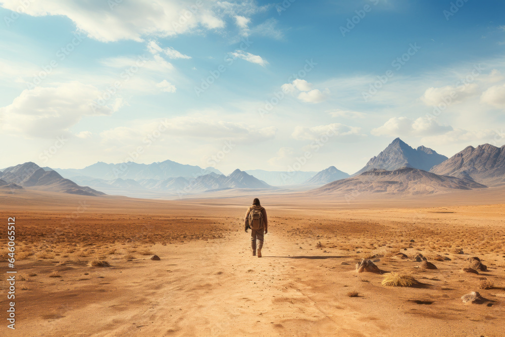 A traveling man walking alone through the desert in a lonely and hostile environment Generative AI Illustration A traveling man walking alone through the desert in a lonely and hostile environment Generative AI Illustration