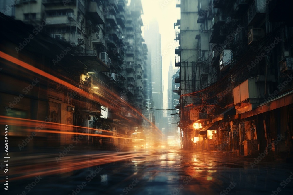 Blurry urban scenery of a long street beside structures. Generative AI