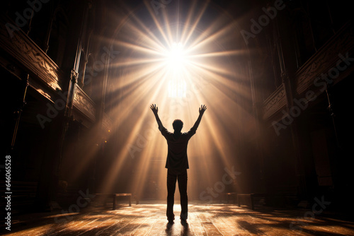 A man inside an ancient cathedral with his hands raised up toward the light trusting in God Generative AI Illustration