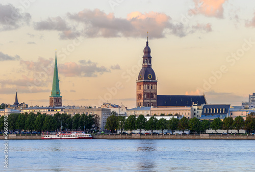Riga Dome Cathedral in summer at sunset, view across the Daugava River 4