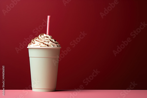 Peppermint mocha, chocolate and coffee drink in a disposable white cup with a straw on a red background with copy space
