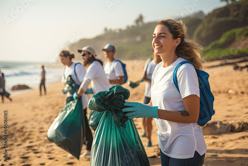 Young people working in team aware of the pollution produced by the plastic industry. Diverse people cleaning up the beach. Volunteers collecting the waste on the coast line.